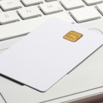 Security smart card on laptop keyboard.